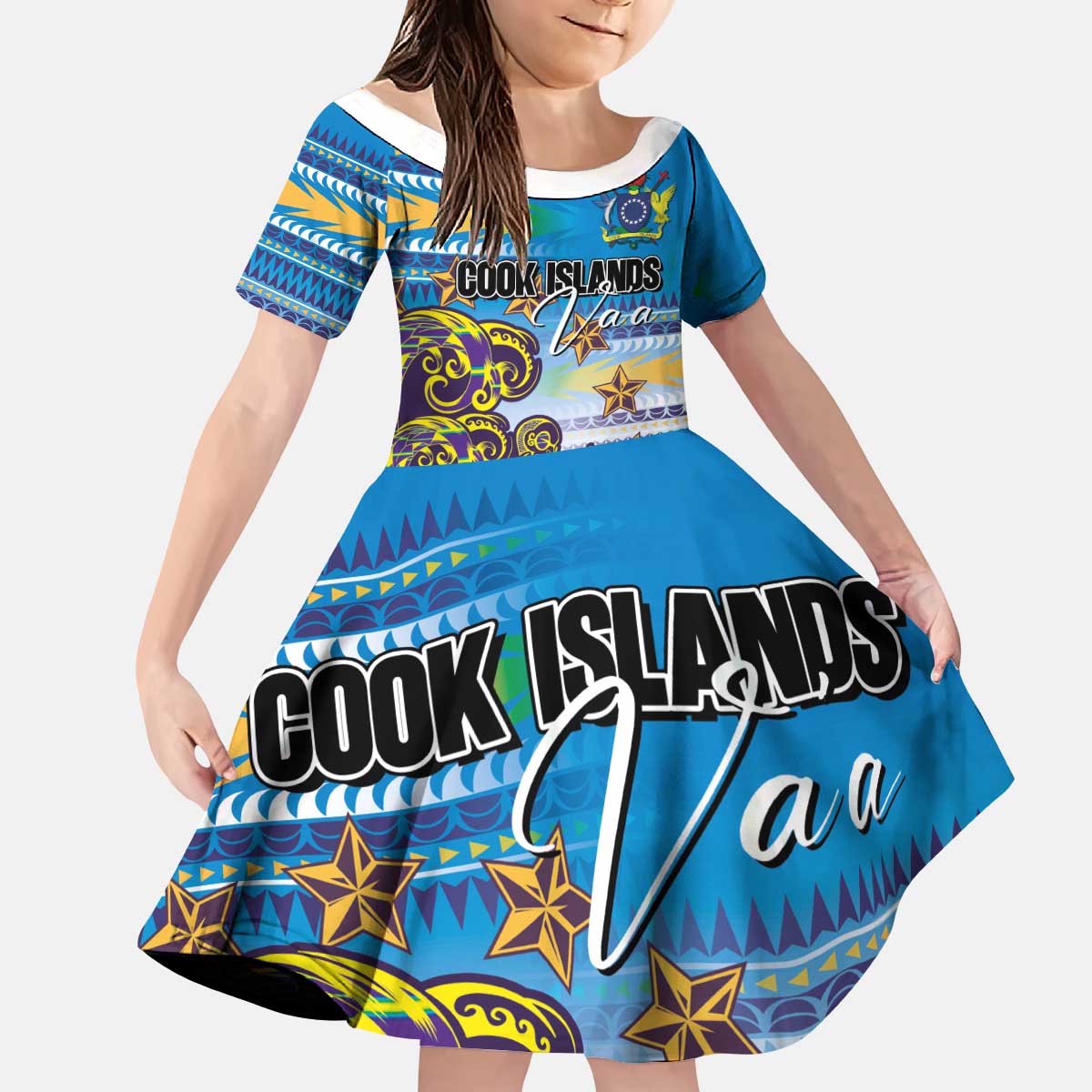 Personalised Cook Islands Va'a Race Kid Short Sleeve Dress Te Tatau Tattoos Sporty Style Glory Blue Color - Polynesian Pride