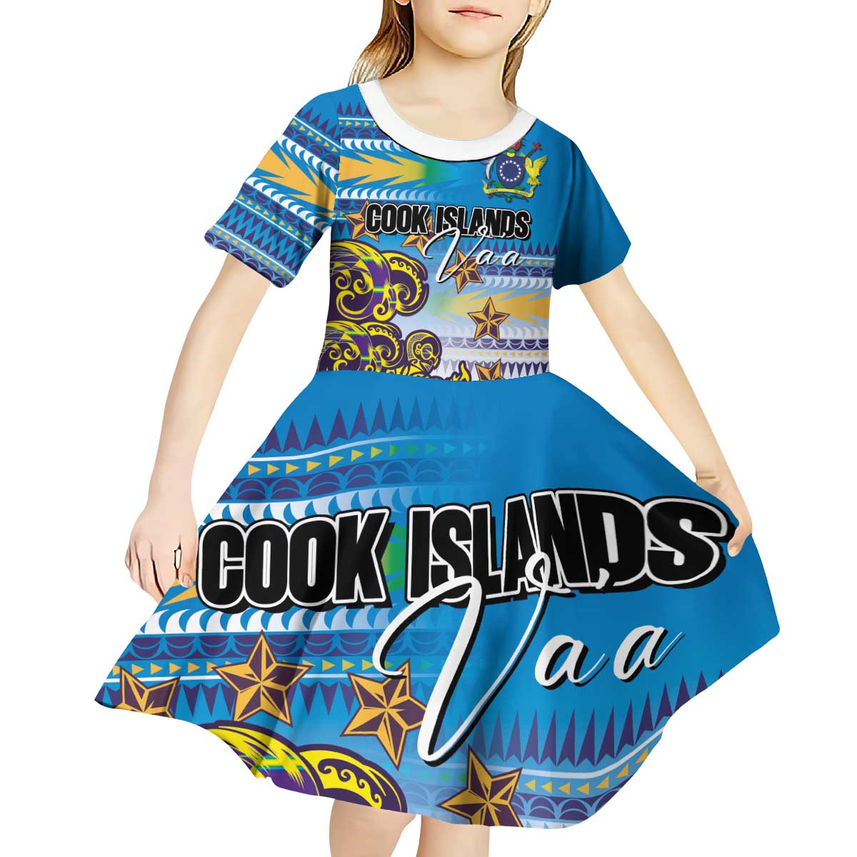 Personalised Cook Islands Va'a Race Kid Short Sleeve Dress Te Tatau Tattoos Sporty Style Glory Blue Color LT03 - Polynesian Pride