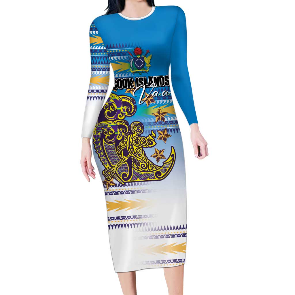 Personalised Cook Islands Va'a Race Long Sleeve Bodycon Dress Te Tatau Tattoos Sporty Style Glory Blue Color LT03 Long Dress Blue - Polynesian Pride