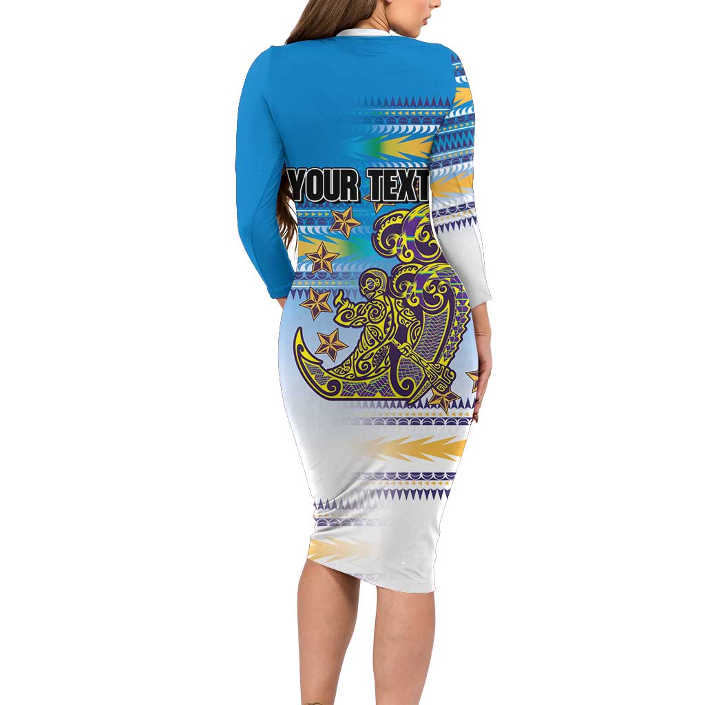 Personalised Cook Islands Va'a Race Long Sleeve Bodycon Dress Te Tatau Tattoos Sporty Style Glory Blue Color LT03 - Polynesian Pride