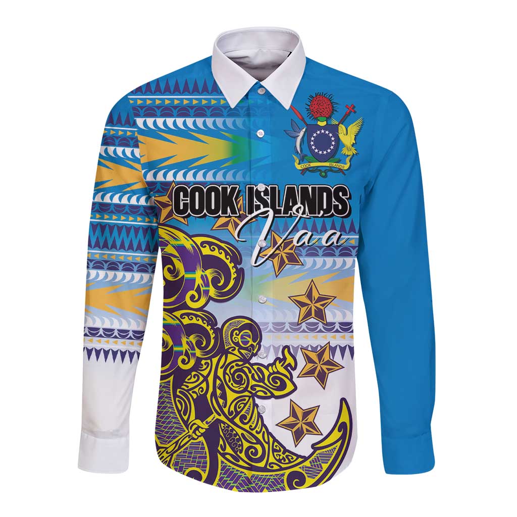Personalised Cook Islands Va'a Race Long Sleeve Button Shirt Te Tatau Tattoos Sporty Style Glory Blue Color LT03 Unisex Blue - Polynesian Pride