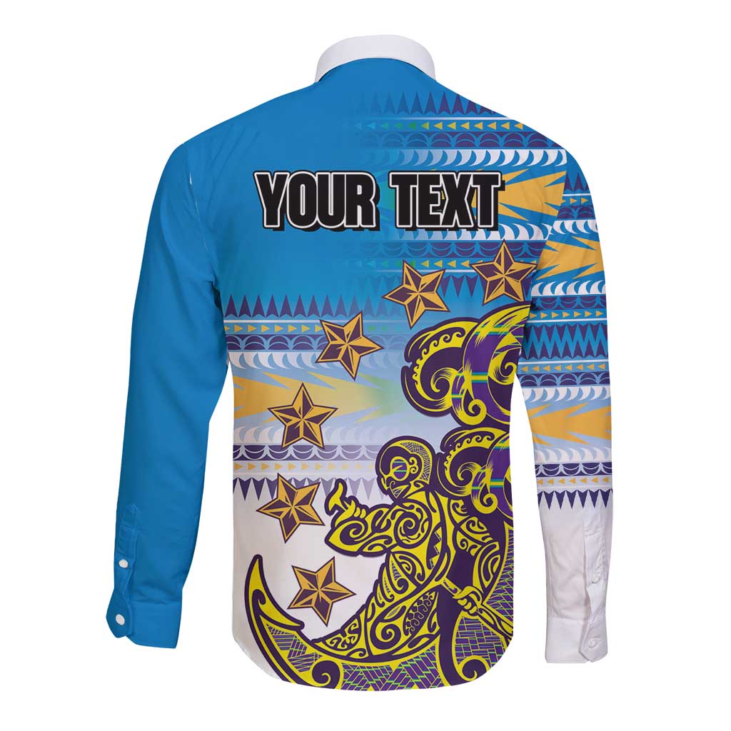 Personalised Cook Islands Va'a Race Long Sleeve Button Shirt Te Tatau Tattoos Sporty Style Glory Blue Color LT03 - Polynesian Pride