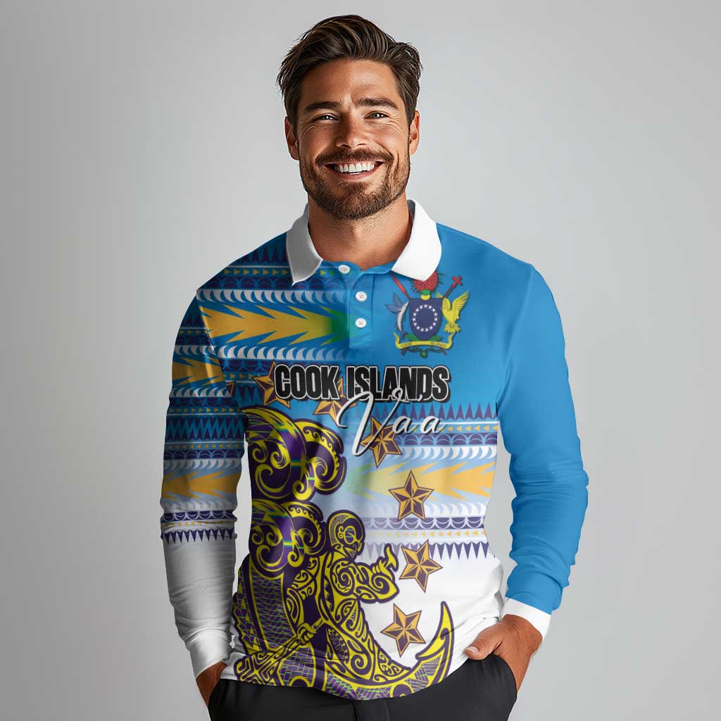 Personalised Cook Islands Va'a Race Long Sleeve Polo Shirt Te Tatau Tattoos Sporty Style Glory Blue Color LT03 - Polynesian Pride