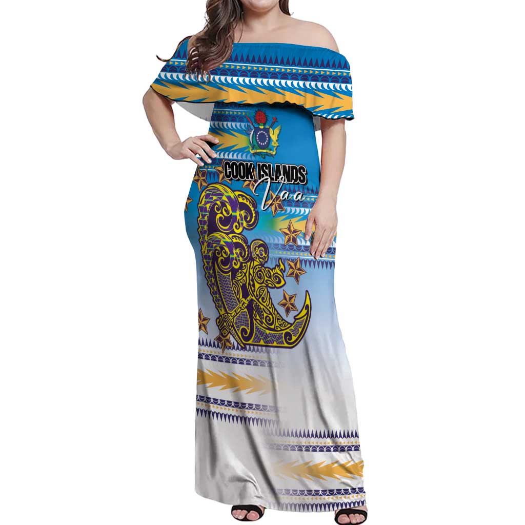 Personalised Cook Islands Va'a Race Off Shoulder Maxi Dress Te Tatau Tattoos Sporty Style Glory Blue Color LT03 Women Blue - Polynesian Pride