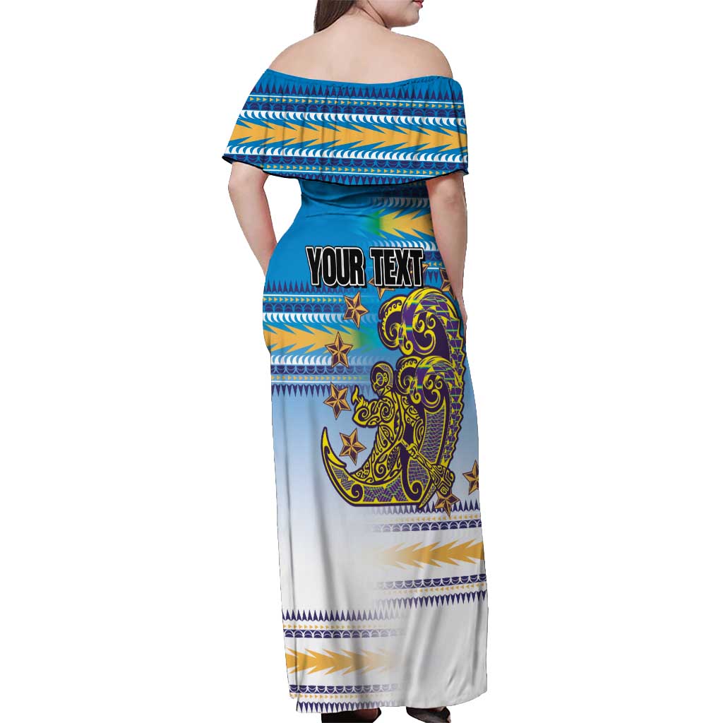 Personalised Cook Islands Va'a Race Off Shoulder Maxi Dress Te Tatau Tattoos Sporty Style Glory Blue Color LT03 - Polynesian Pride