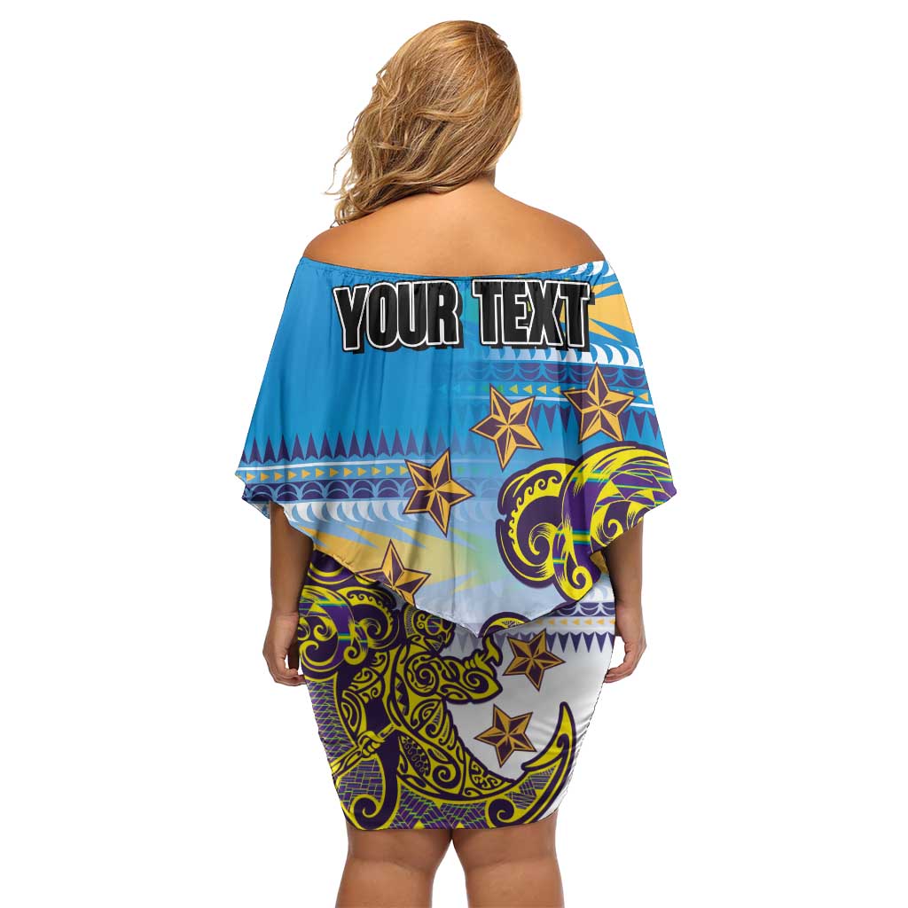 Personalised Cook Islands Va'a Race Off Shoulder Short Dress Te Tatau Tattoos Sporty Style Glory Blue Color LT03 - Polynesian Pride