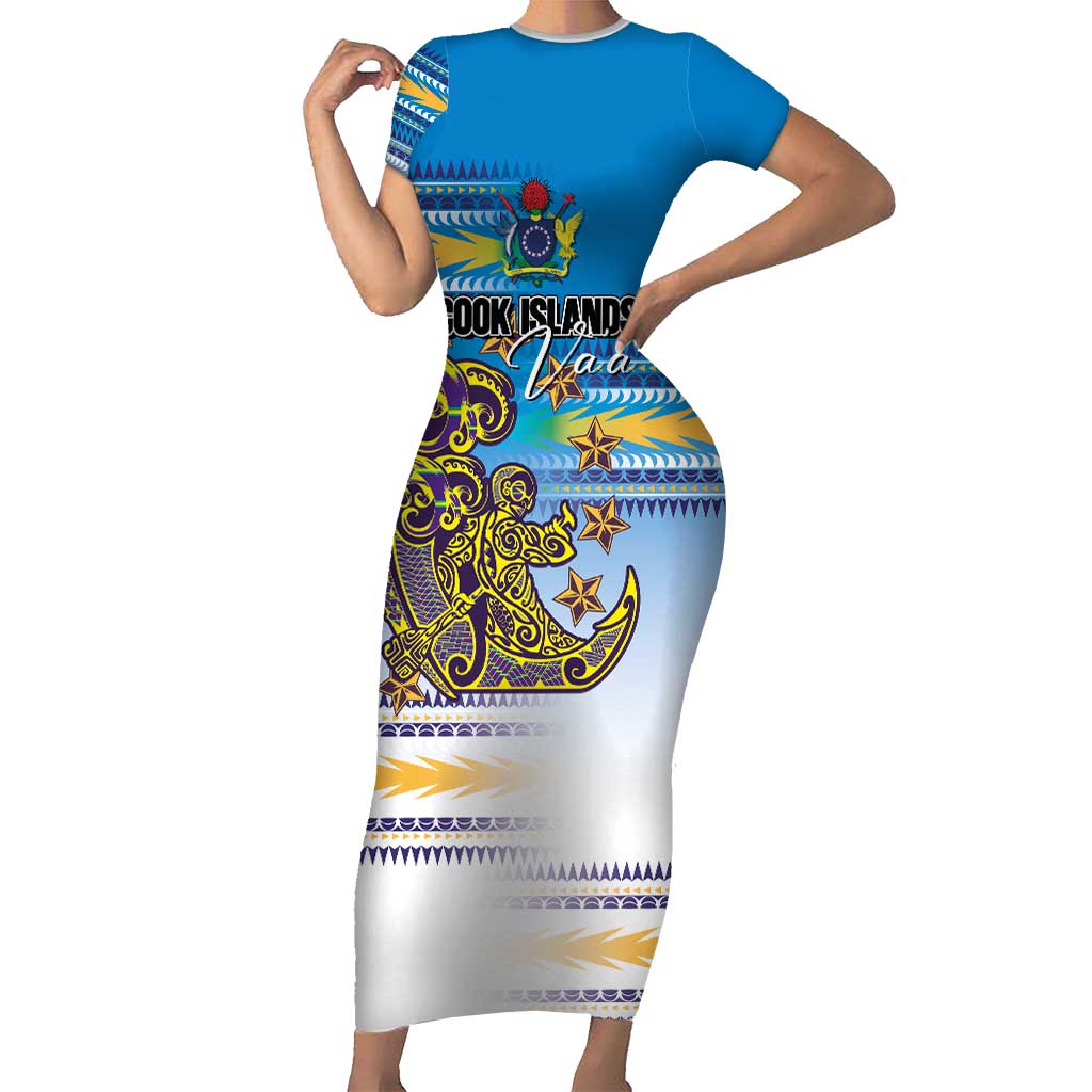 Personalised Cook Islands Va'a Race Short Sleeve Bodycon Dress Te Tatau Tattoos Sporty Style Glory Blue Color LT03 Long Dress Blue - Polynesian Pride