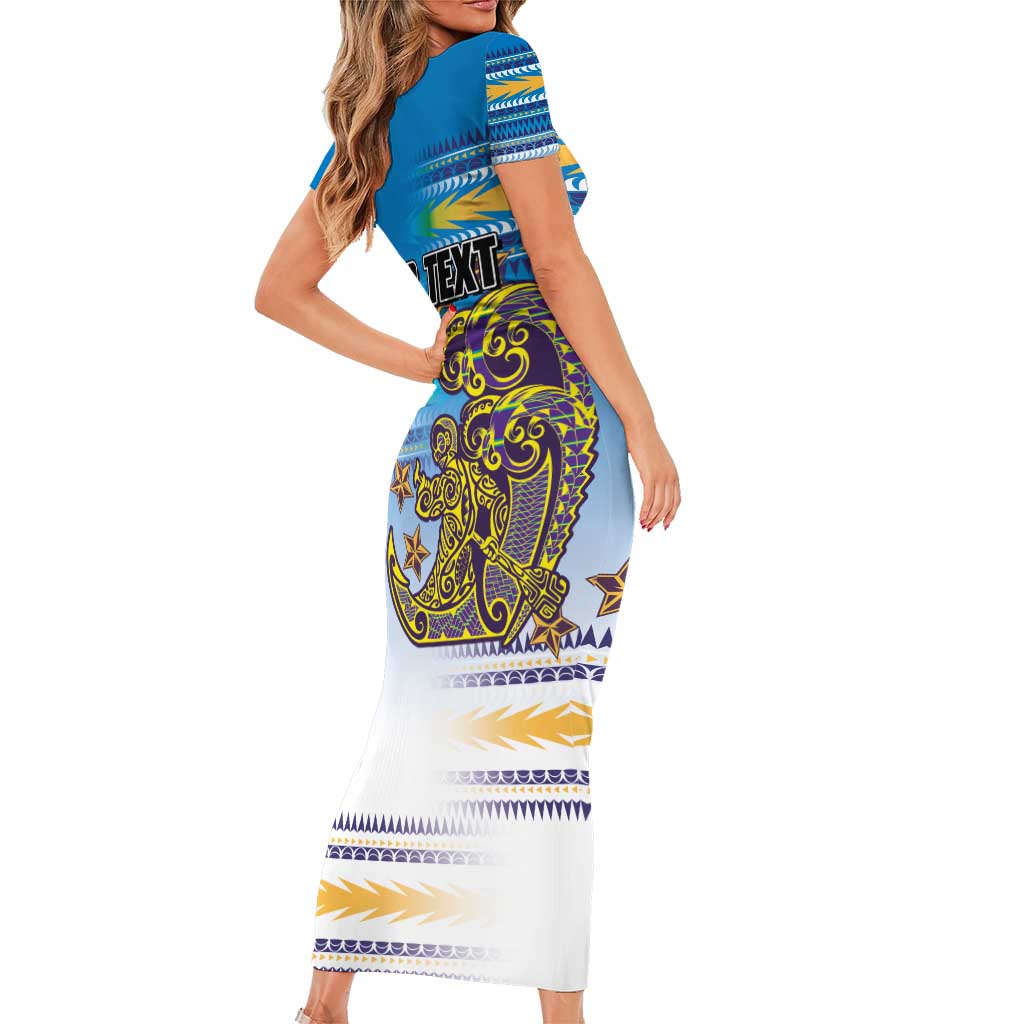 Personalised Cook Islands Va'a Race Short Sleeve Bodycon Dress Te Tatau Tattoos Sporty Style Glory Blue Color LT03 - Polynesian Pride