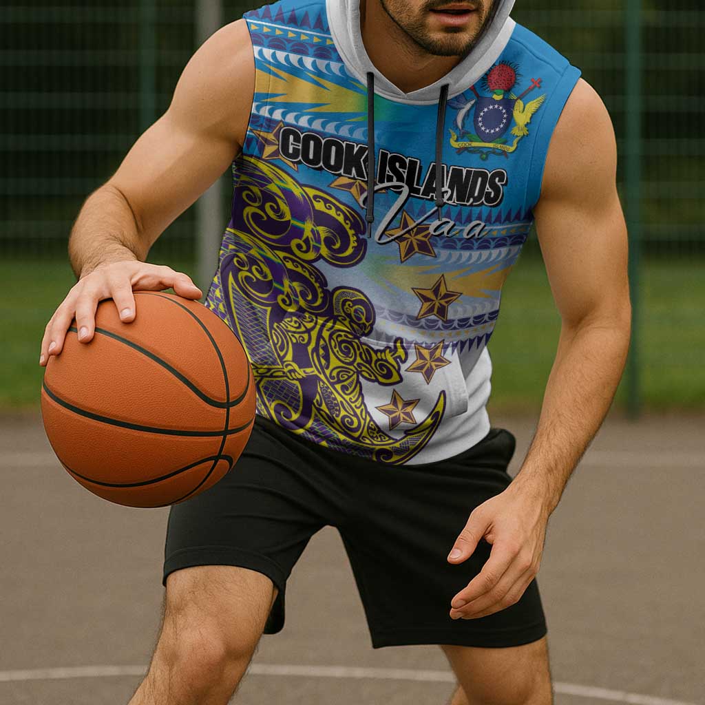 Personalised Cook Islands Va'a Race Sleeveless Hoodie Te Tatau Tattoos Sporty Style Glory Blue Color LT03 - Polynesian Pride