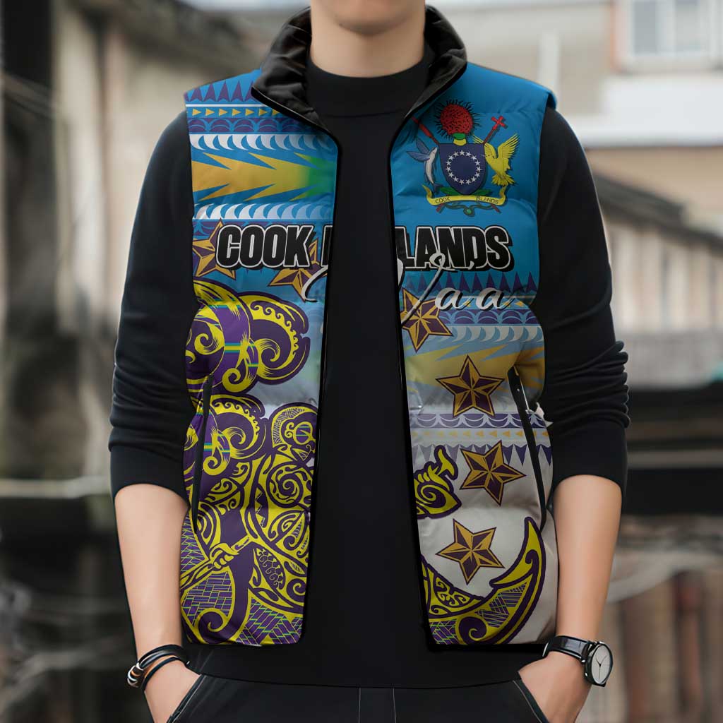Personalised Cook Islands Va'a Race Sleeveless Puffer Jacket Te Tatau Tattoos Sporty Style Glory Blue Color - Polynesian Pride