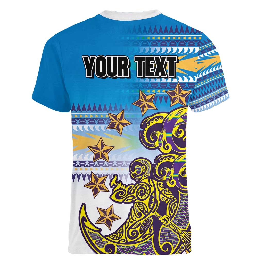 Personalised Cook Islands Va'a Race Women V-Neck T-Shirt Te Tatau Tattoos Sporty Style Glory Blue Color LT03 - Polynesian Pride