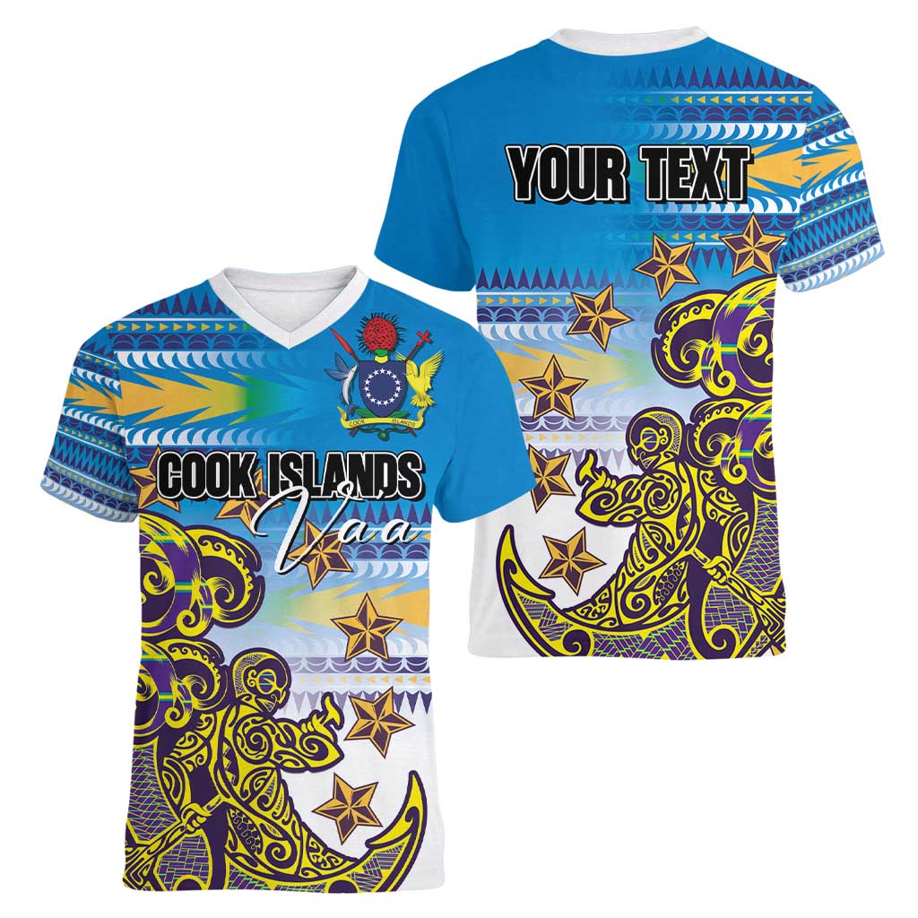 Personalised Cook Islands Va'a Race Women V-Neck T-Shirt Te Tatau Tattoos Sporty Style Glory Blue Color LT03 - Polynesian Pride