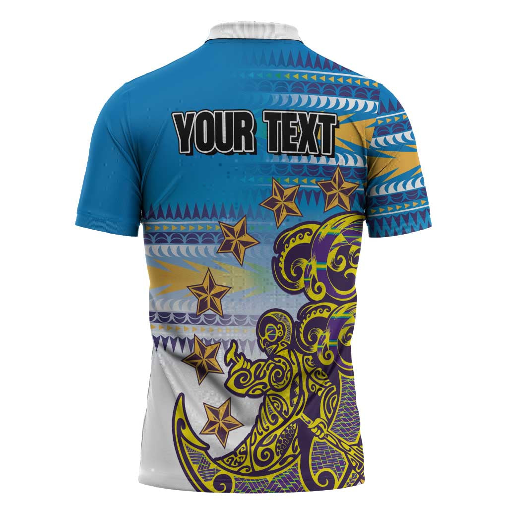 Personalised Cook Islands Va'a Race Zipper Polo Shirt Te Tatau Tattoos Sporty Style Glory Blue Color LT03 - Polynesian Pride