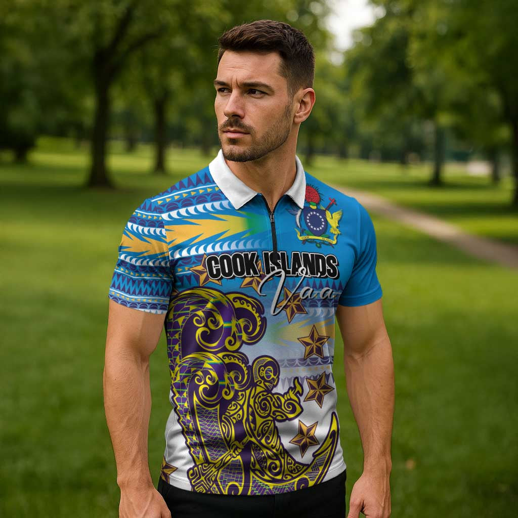 Personalised Cook Islands Va'a Race Zipper Polo Shirt Te Tatau Tattoos Sporty Style Glory Blue Color LT03 - Polynesian Pride