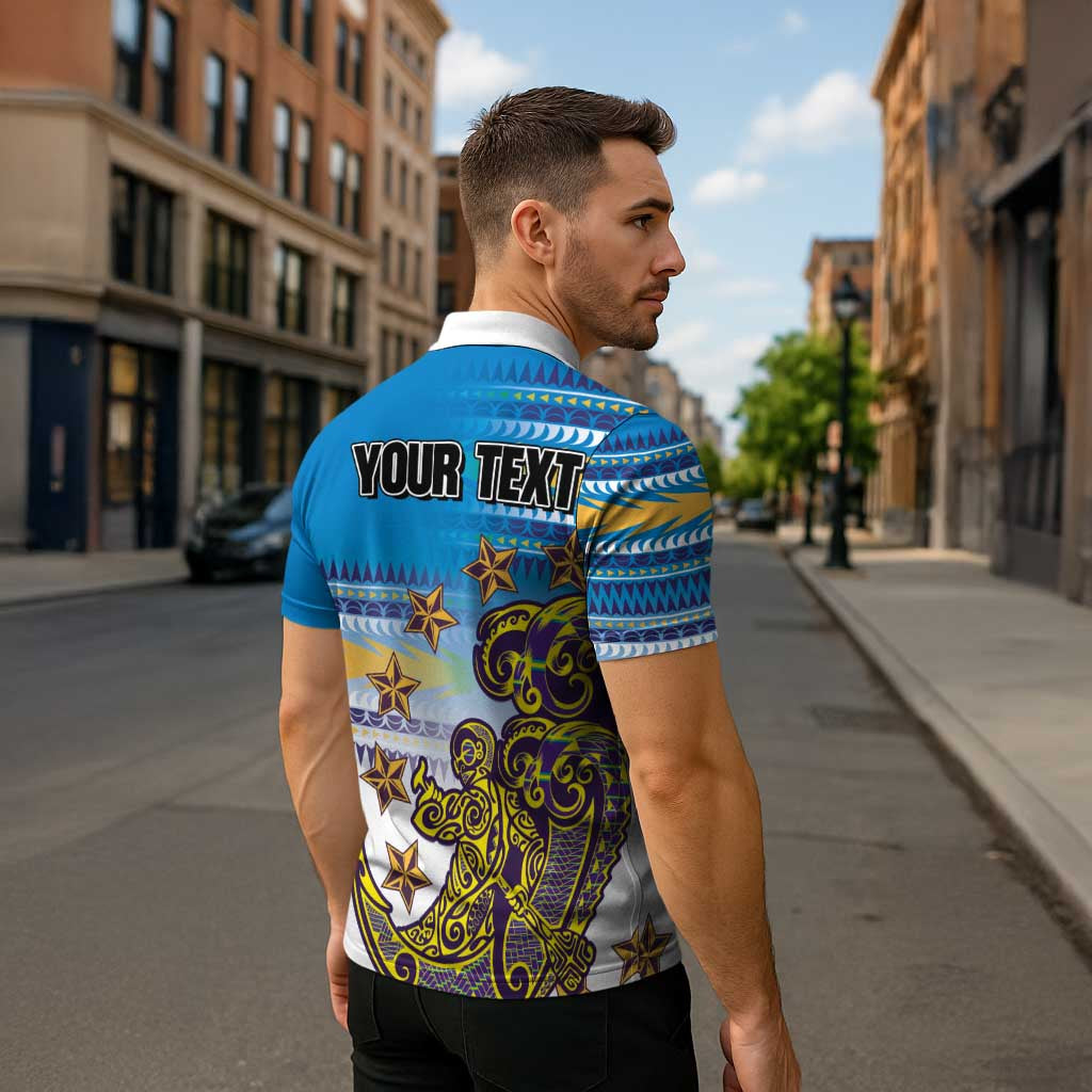 Personalised Cook Islands Va'a Race Zipper Polo Shirt Te Tatau Tattoos Sporty Style Glory Blue Color LT03 - Polynesian Pride