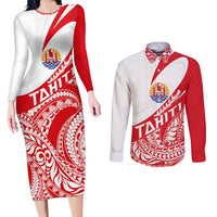 Personalised Tahiti Va'a Race Couples Matching Long Sleeve Bodycon Dress and Long Sleeve Button Shirt Polynesian Tattoos Sporty Style LT03 Red - Polynesian Pride