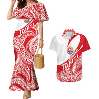 Personalised Tahiti Va'a Race Couples Matching Mermaid Dress and Hawaiian Shirt Polynesian Tattoos Sporty Style LT03 Red - Polynesian Pride