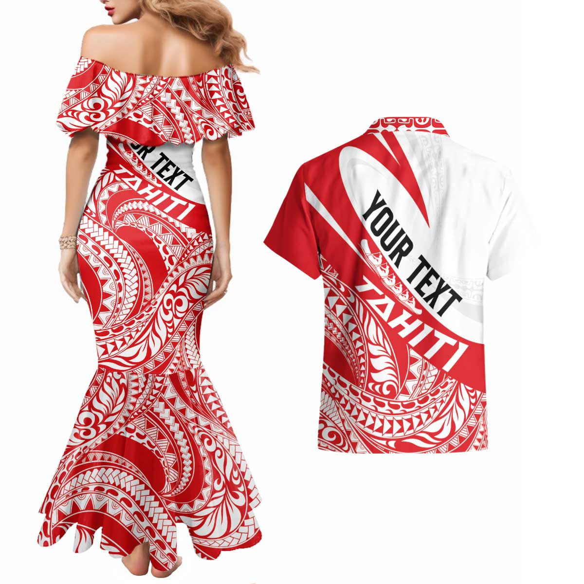 Personalised Tahiti Va'a Race Couples Matching Mermaid Dress and Hawaiian Shirt Polynesian Tattoos Sporty Style LT03 - Polynesian Pride