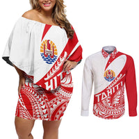 Personalised Tahiti Va'a Race Couples Matching Off Shoulder Short Dress and Long Sleeve Button Shirt Polynesian Tattoos Sporty Style LT03 Red - Polynesian Pride