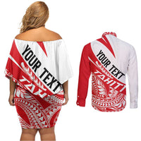 Personalised Tahiti Va'a Race Couples Matching Off Shoulder Short Dress and Long Sleeve Button Shirt Polynesian Tattoos Sporty Style LT03 - Polynesian Pride