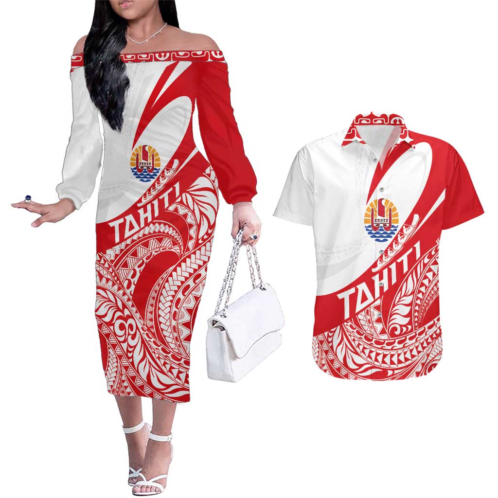 Personalised Tahiti Va'a Race Couples Matching Off The Shoulder Long Sleeve Dress and Hawaiian Shirt Polynesian Tattoos Sporty Style LT03 Red - Polynesian Pride