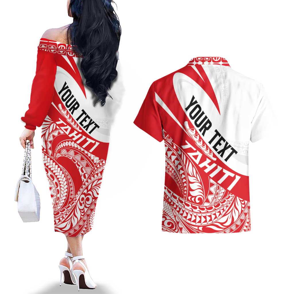 Personalised Tahiti Va'a Race Couples Matching Off The Shoulder Long Sleeve Dress and Hawaiian Shirt Polynesian Tattoos Sporty Style LT03 - Polynesian Pride