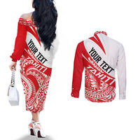 Personalised Tahiti Va'a Race Couples Matching Off The Shoulder Long Sleeve Dress and Long Sleeve Button Shirt Polynesian Tattoos Sporty Style LT03 - Polynesian Pride