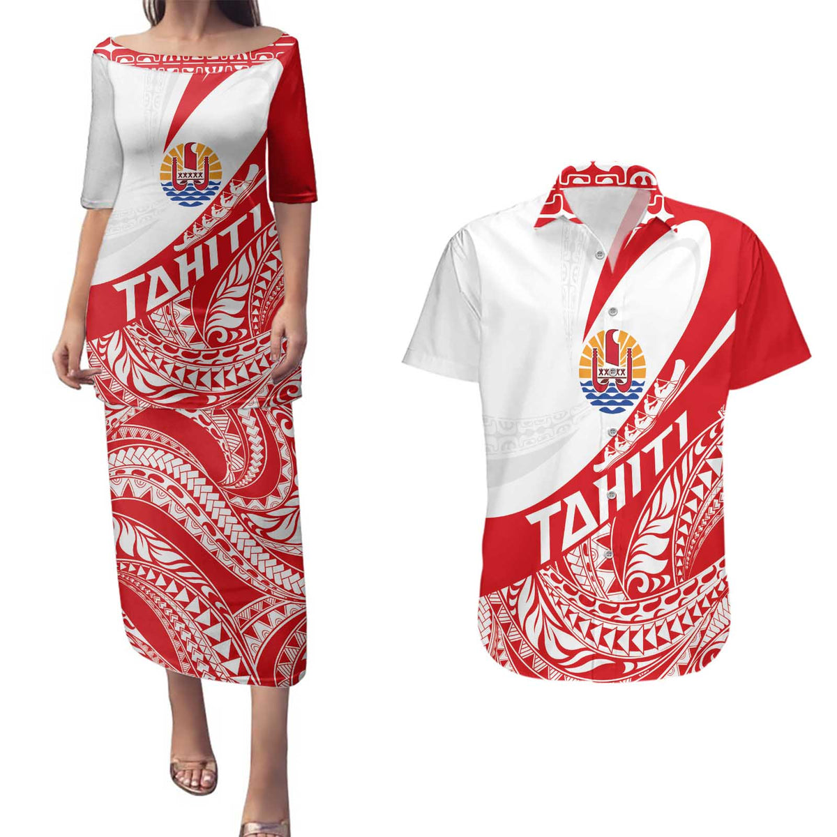 Personalised Tahiti Va'a Race Couples Matching Puletasi and Hawaiian Shirt Polynesian Tattoos Sporty Style LT03 Red - Polynesian Pride