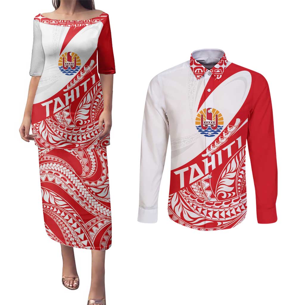 Personalised Tahiti Va'a Race Couples Matching Puletasi and Long Sleeve Button Shirt Polynesian Tattoos Sporty Style LT03 Red - Polynesian Pride