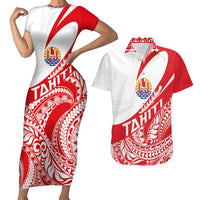 Personalised Tahiti Va'a Race Couples Matching Short Sleeve Bodycon Dress and Hawaiian Shirt Polynesian Tattoos Sporty Style LT03 Red - Polynesian Pride