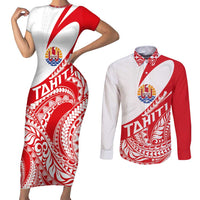 Personalised Tahiti Va'a Race Couples Matching Short Sleeve Bodycon Dress and Long Sleeve Button Shirt Polynesian Tattoos Sporty Style LT03 Red - Polynesian Pride