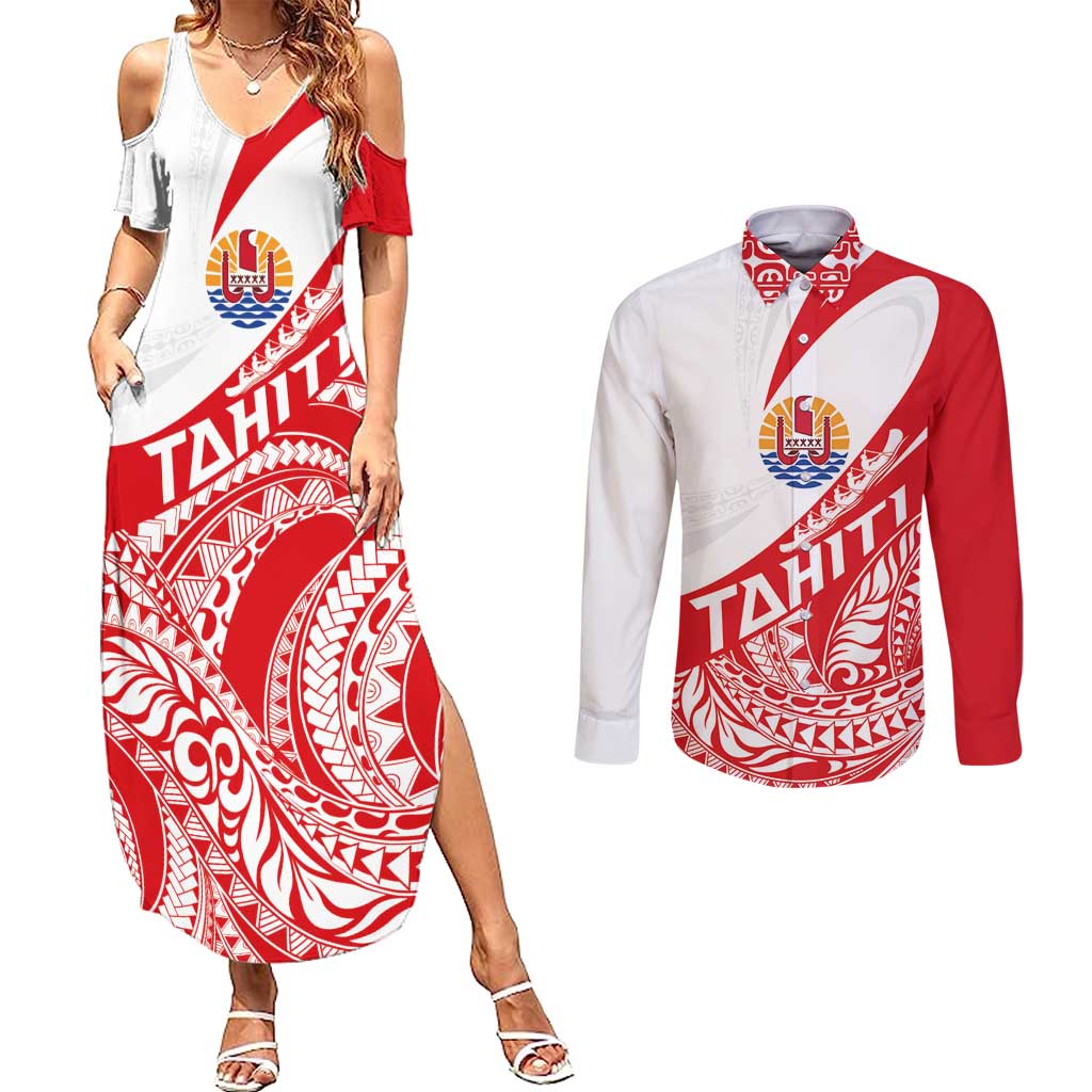 Personalised Tahiti Va'a Race Couples Matching Summer Maxi Dress and Long Sleeve Button Shirt Polynesian Tattoos Sporty Style LT03 Red - Polynesian Pride