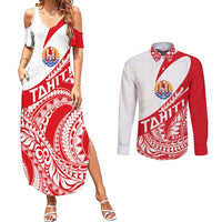 Personalised Tahiti Va'a Race Couples Matching Summer Maxi Dress and Long Sleeve Button Shirt Polynesian Tattoos Sporty Style LT03 Red - Polynesian Pride