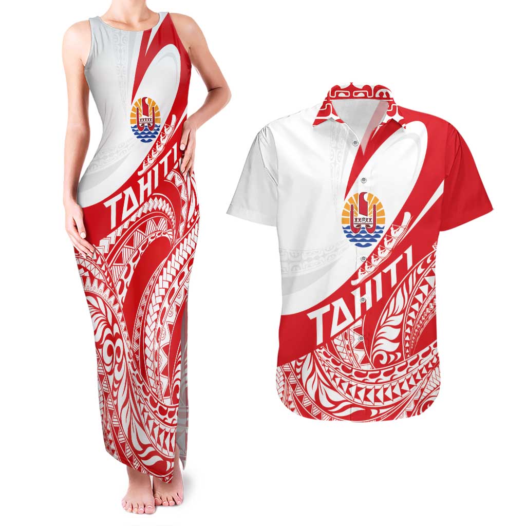 Personalised Tahiti Va'a Race Couples Matching Tank Maxi Dress and Hawaiian Shirt Polynesian Tattoos Sporty Style LT03 Red - Polynesian Pride