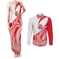Personalised Tahiti Va'a Race Couples Matching Tank Maxi Dress and Long Sleeve Button Shirt Polynesian Tattoos Sporty Style LT03 Red - Polynesian Pride