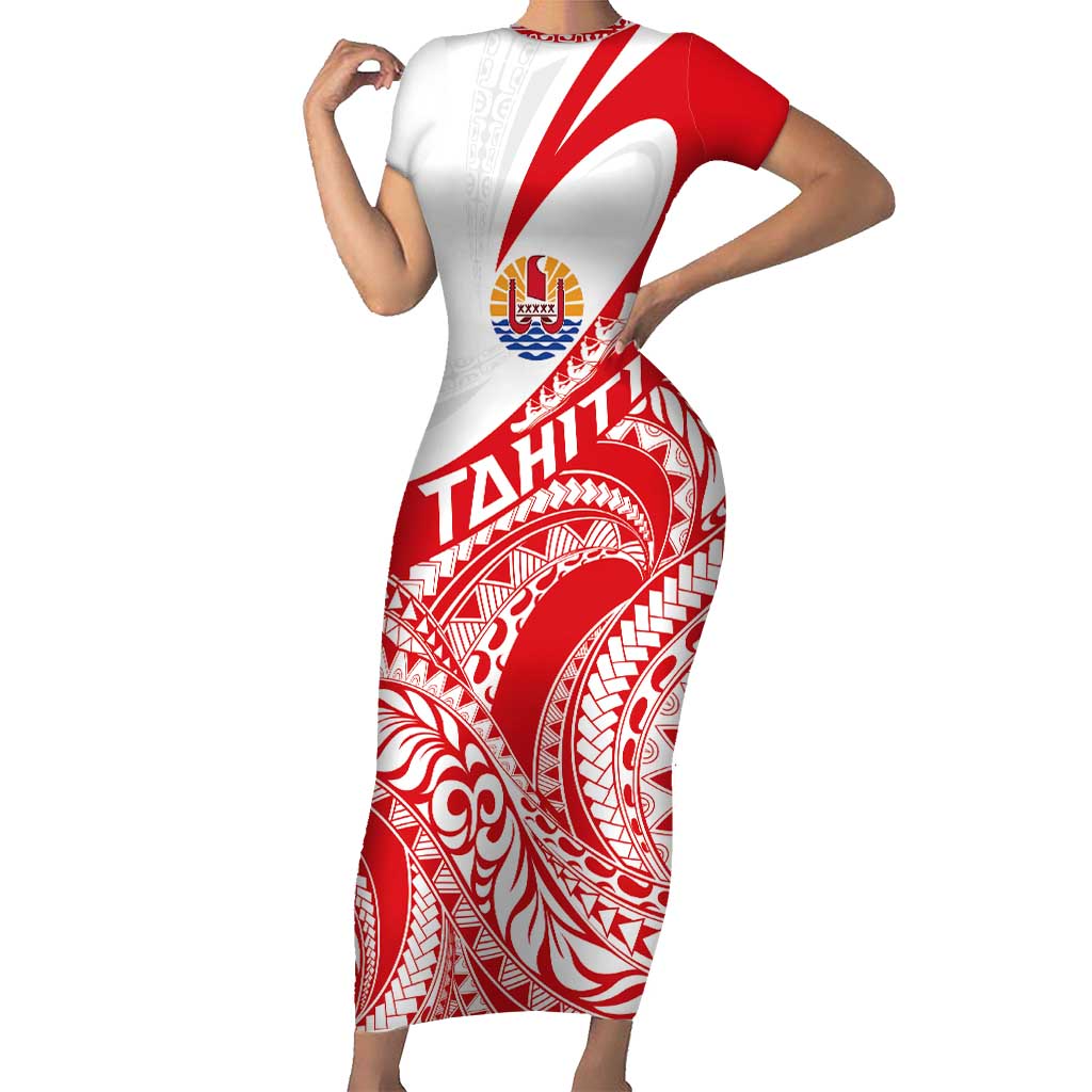 Personalised Tahiti Va'a Race Short Sleeve Bodycon Dress Polynesian Tattoos Sporty Style LT03 Long Dress Red - Polynesian Pride