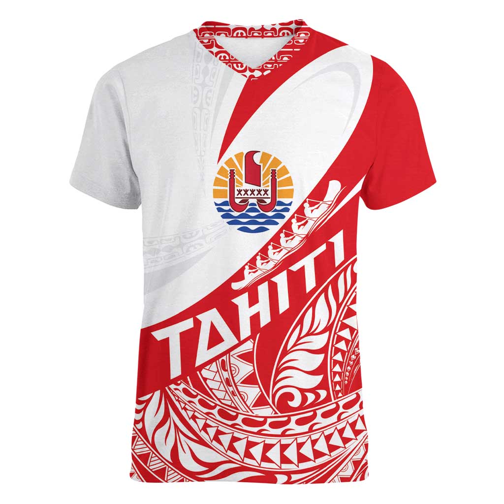 Personalised Tahiti Va'a Race Women V-Neck T-Shirt Polynesian Tattoos Sporty Style LT03 Female Red - Polynesian Pride