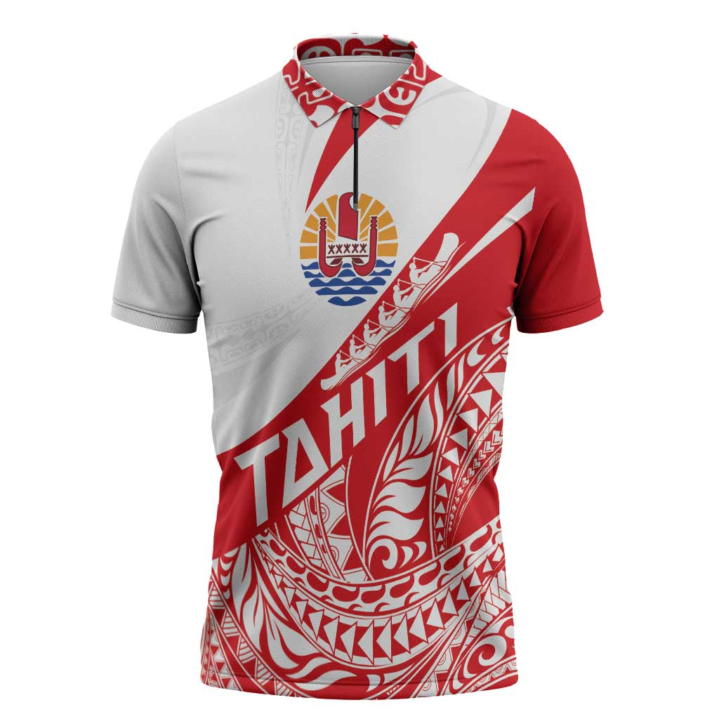 Personalised Tahiti Va'a Race Zipper Polo Shirt Polynesian Tattoos Sporty Style LT03 Red - Polynesian Pride