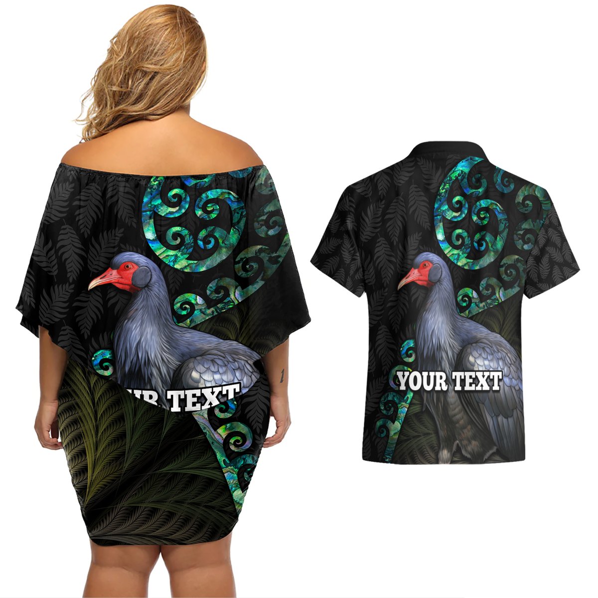 Custom Pukeko New Zealand Couples Matching Off Shoulder Short Dress and Hawaiian Shirt Koru Papua Shell with Silver Fern Pattern LT03 - Polynesian Pride