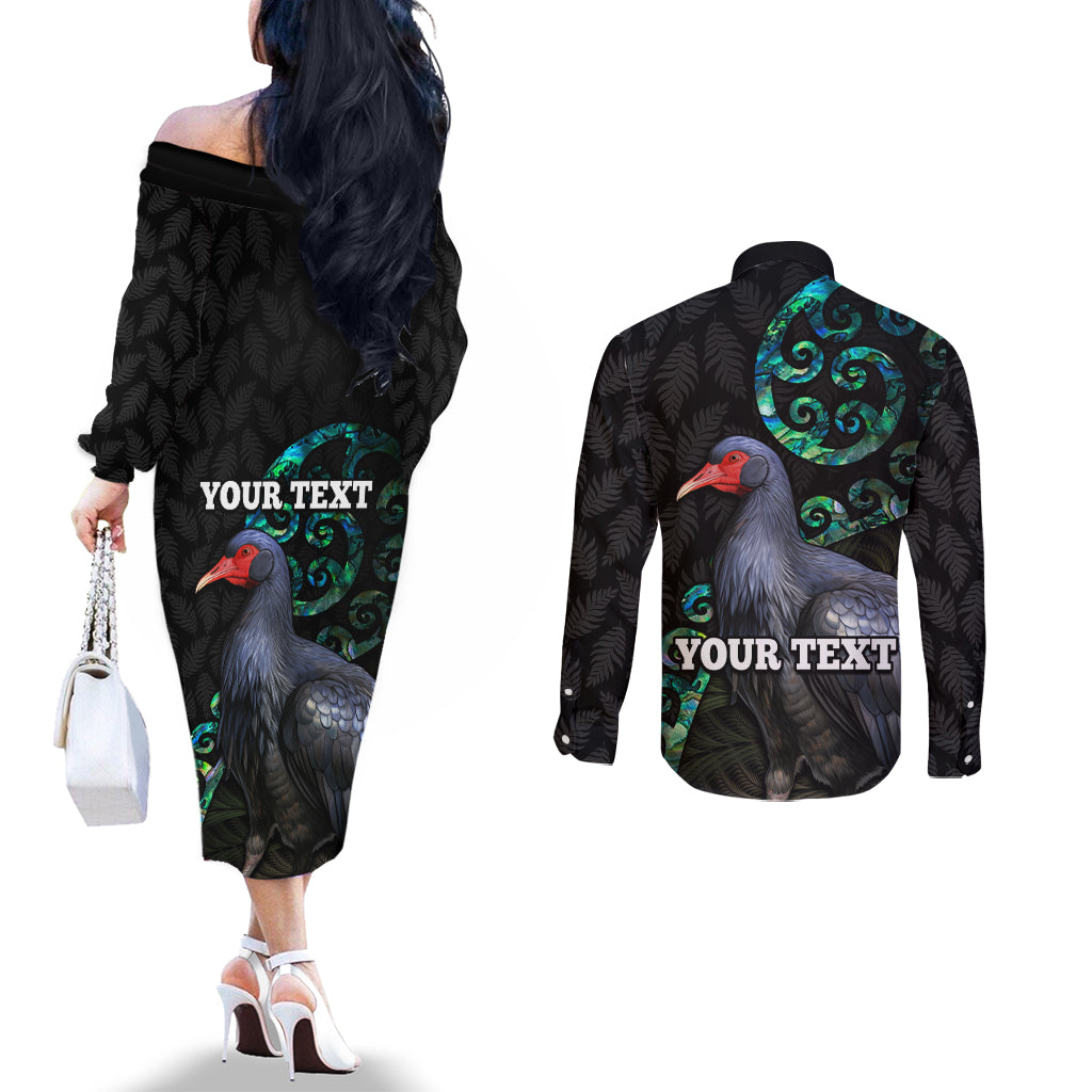 Custom Pukeko New Zealand Couples Matching Off The Shoulder Long Sleeve Dress and Long Sleeve Button Shirt Koru Papua Shell with Silver Fern Pattern LT03 - Polynesian Pride