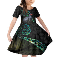 Custom Pukeko New Zealand Family Matching Mermaid Dress and Hawaiian Shirt Koru Papua Shell with Silver Fern Pattern LT03 Daughter's Dress Black - Polynesian Pride