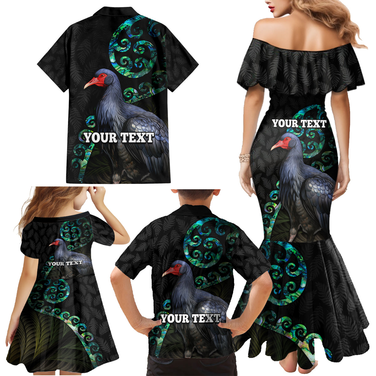 Custom Pukeko New Zealand Family Matching Mermaid Dress and Hawaiian Shirt Koru Papua Shell with Silver Fern Pattern LT03 - Polynesian Pride