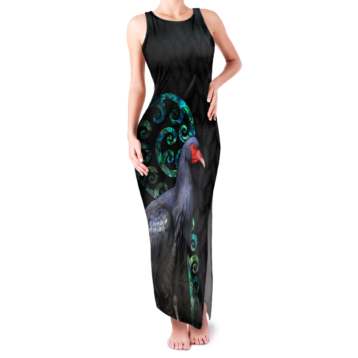 Custom Pukeko New Zealand Family Matching Tank Maxi Dress and Hawaiian Shirt Koru Papua Shell with Silver Fern Pattern LT03 Mom's Dress Black - Polynesian Pride