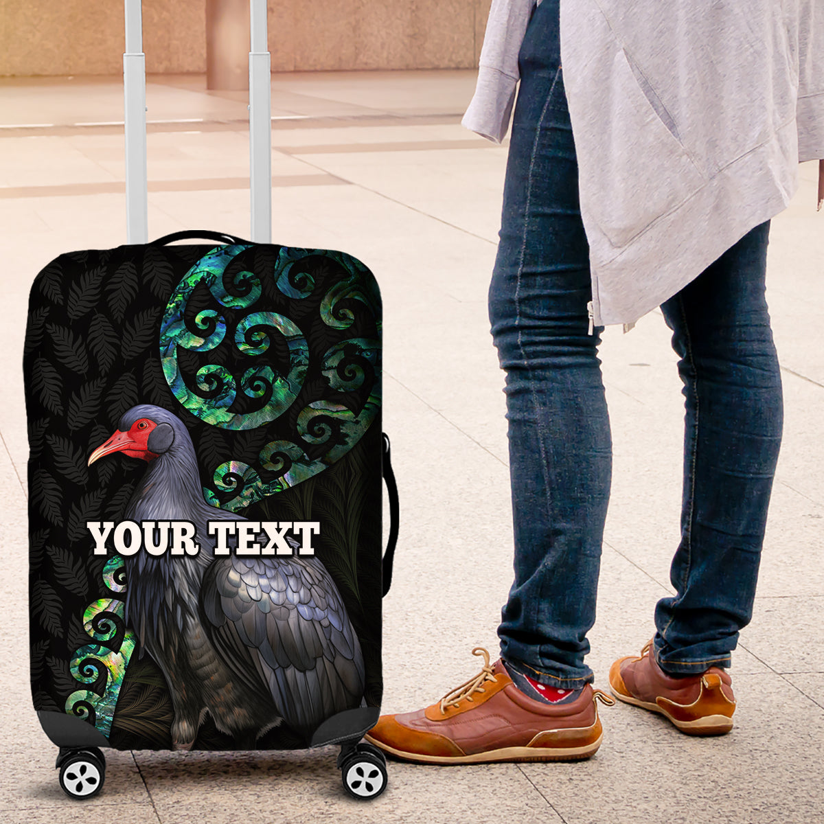 Custom Pukeko New Zealand Luggage Cover Koru Papua Shell with Silver Fern Pattern LT03 Black - Polynesian Pride