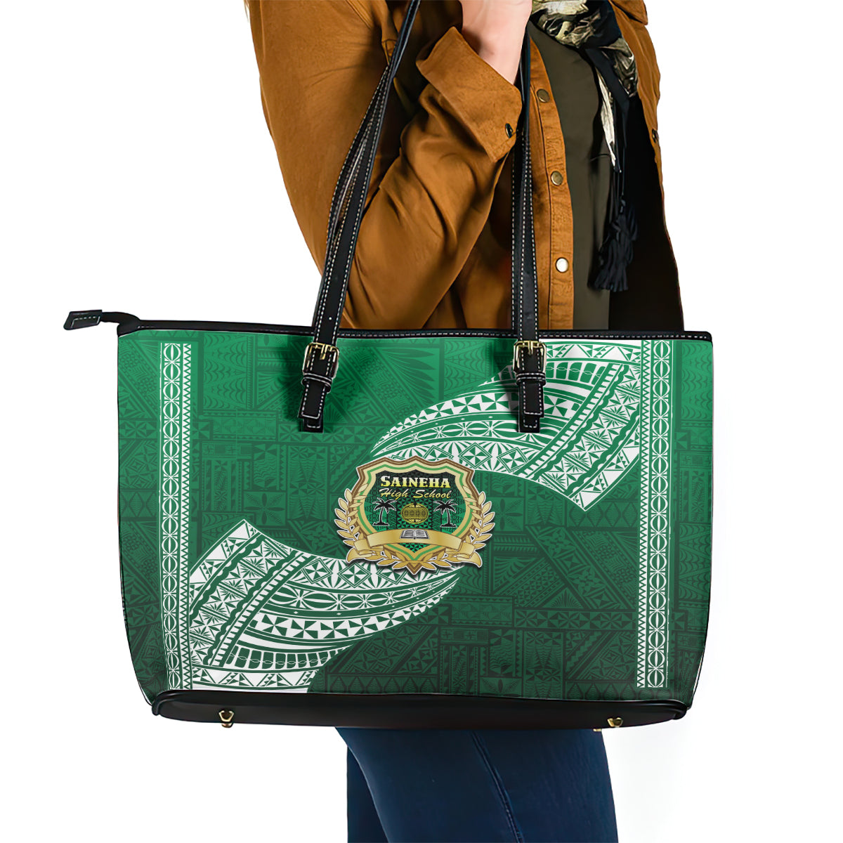 Tonga Saineha High School Leather Tote Bag Traditional Ngatu and Polynesian Pattern LT03 - Polynesian Pride