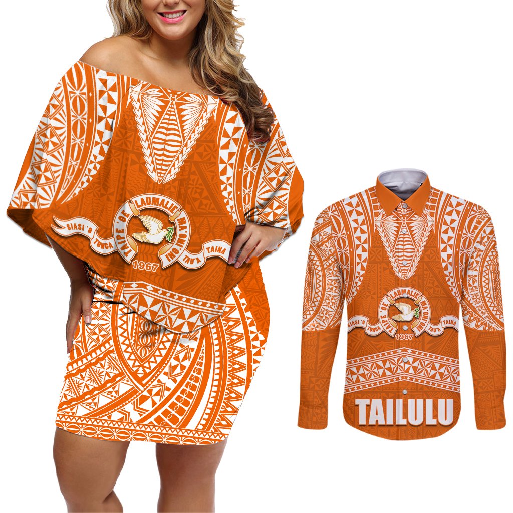 Tonga Tailulu College Couples Matching Off Shoulder Short Dress and Long Sleeve Button Shirt Traditional Ngatu and Polynesian Pattern LT03 Orange - Polynesian Pride