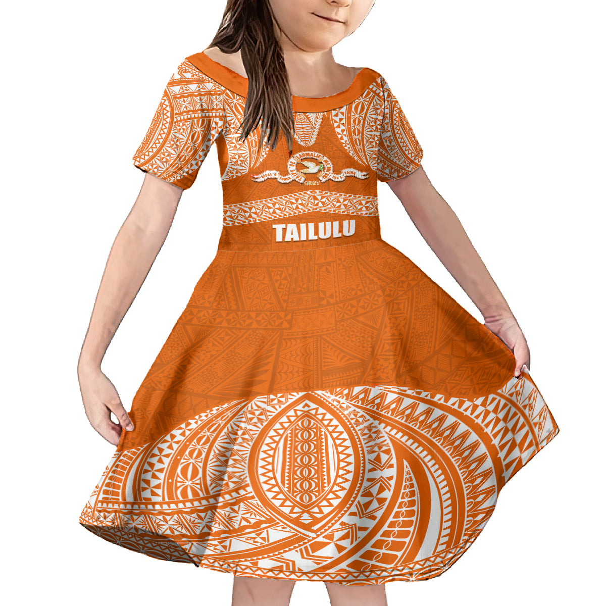 Tonga Tailulu College Family Matching Off Shoulder Maxi Dress and Hawaiian Shirt Traditional Ngatu and Polynesian Pattern LT03 Daughter's Dress Orange - Polynesian Pride