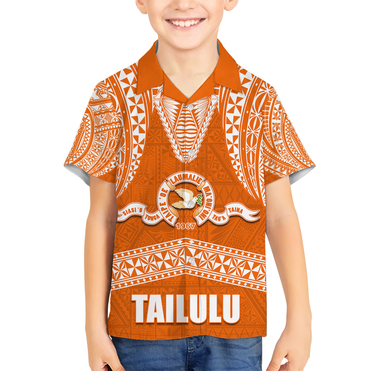 Tonga Tailulu College Family Matching Puletasi Dress and Hawaiian Shirt Traditional Ngatu and Polynesian Pattern LT03 Son's Shirt Orange - Polynesian Pride
