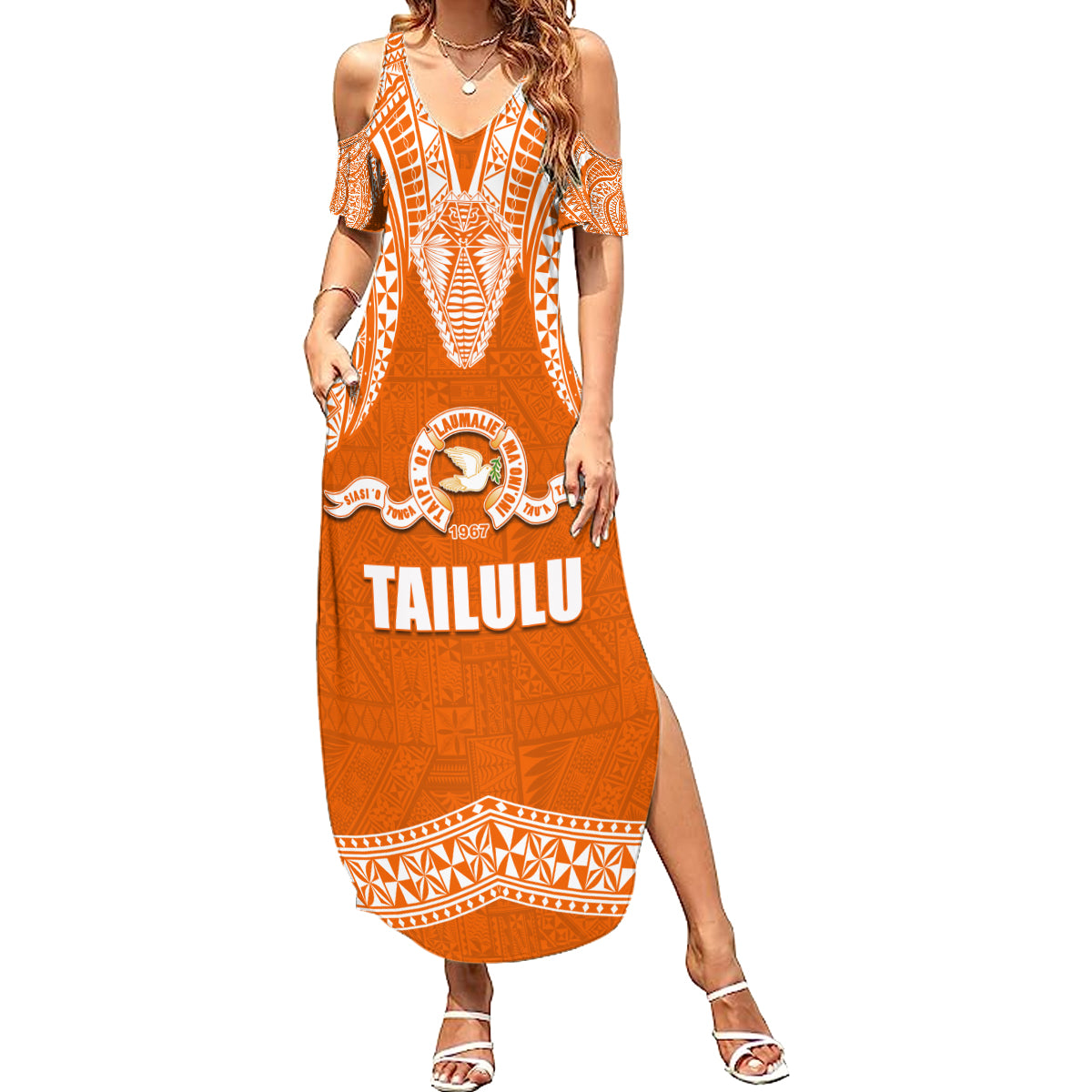 Tonga Tailulu College Family Matching Summer Maxi Dress and Hawaiian Shirt Traditional Ngatu and Polynesian Pattern LT03 Mom's Dress Orange - Polynesian Pride