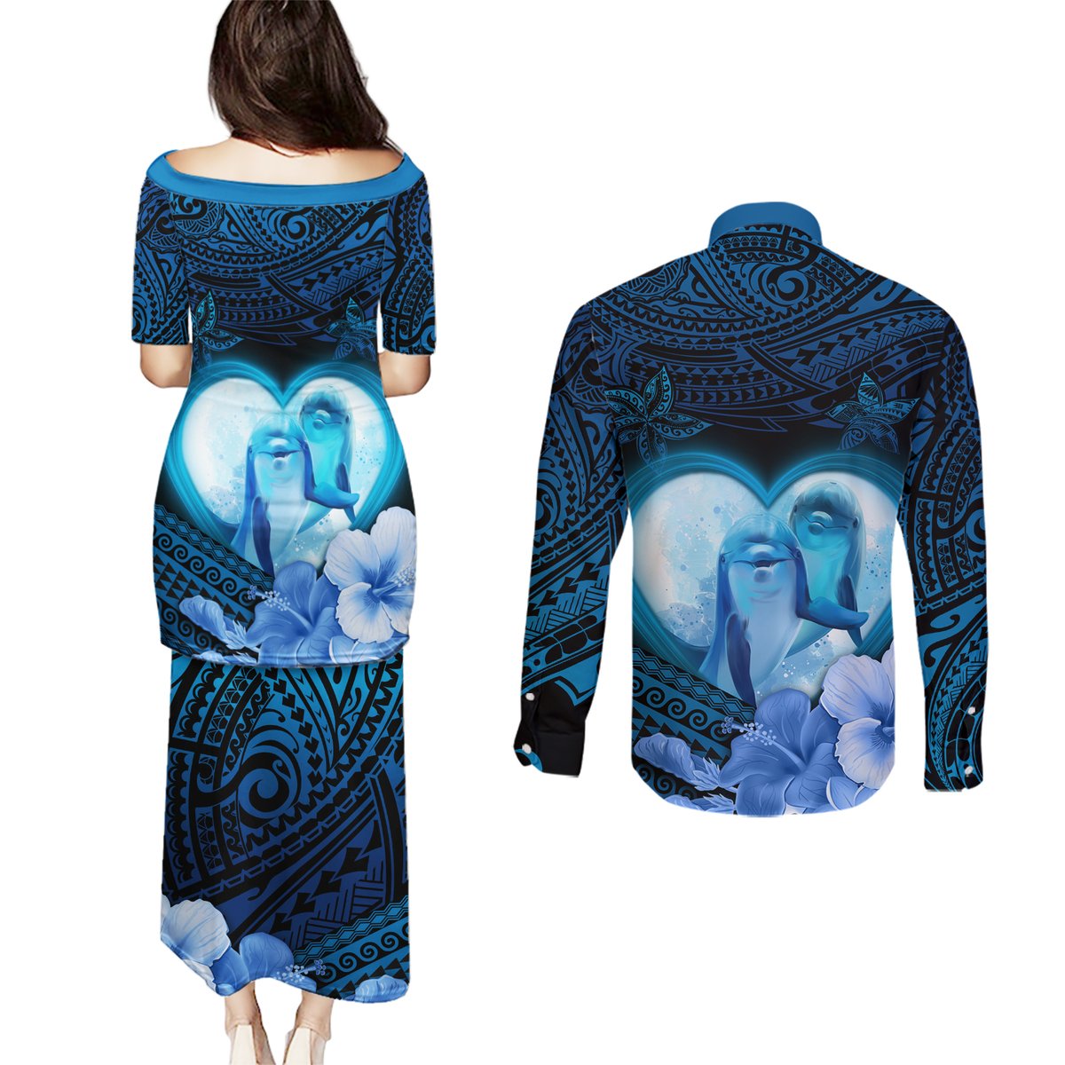 Dolphin Couple Love Story Valentine Day Couples Matching Puletasi and Long Sleeve Button Shirt With Polynesian Tribal Tattoo Blue Style LT03 - Polynesian Pride